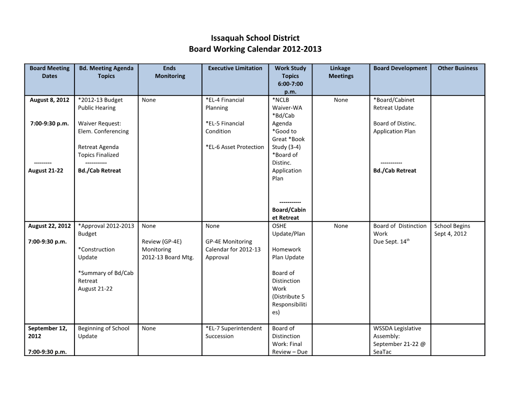 Board Working Calendar 2012-2013