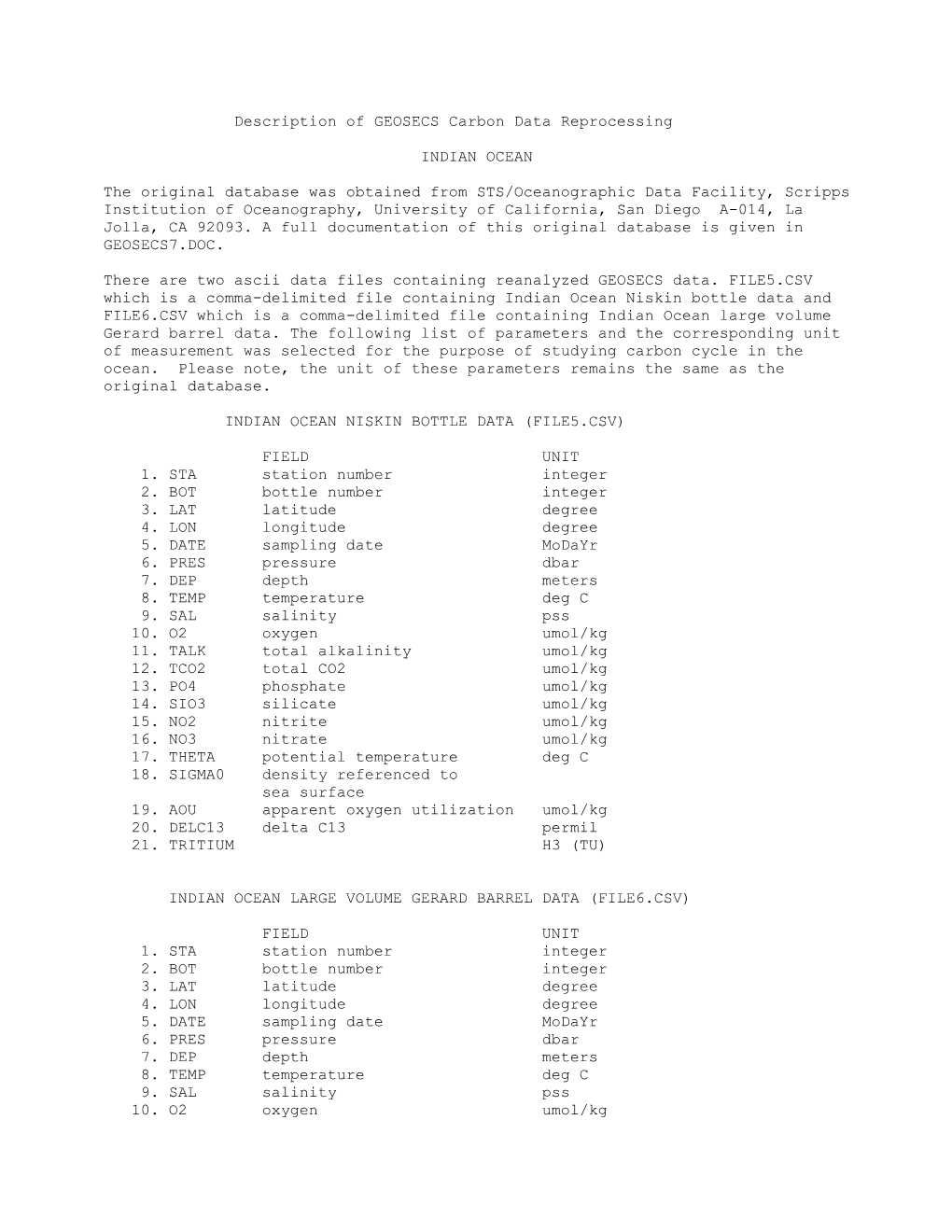 Description of GEOSECS Carbon Data Reprocessing