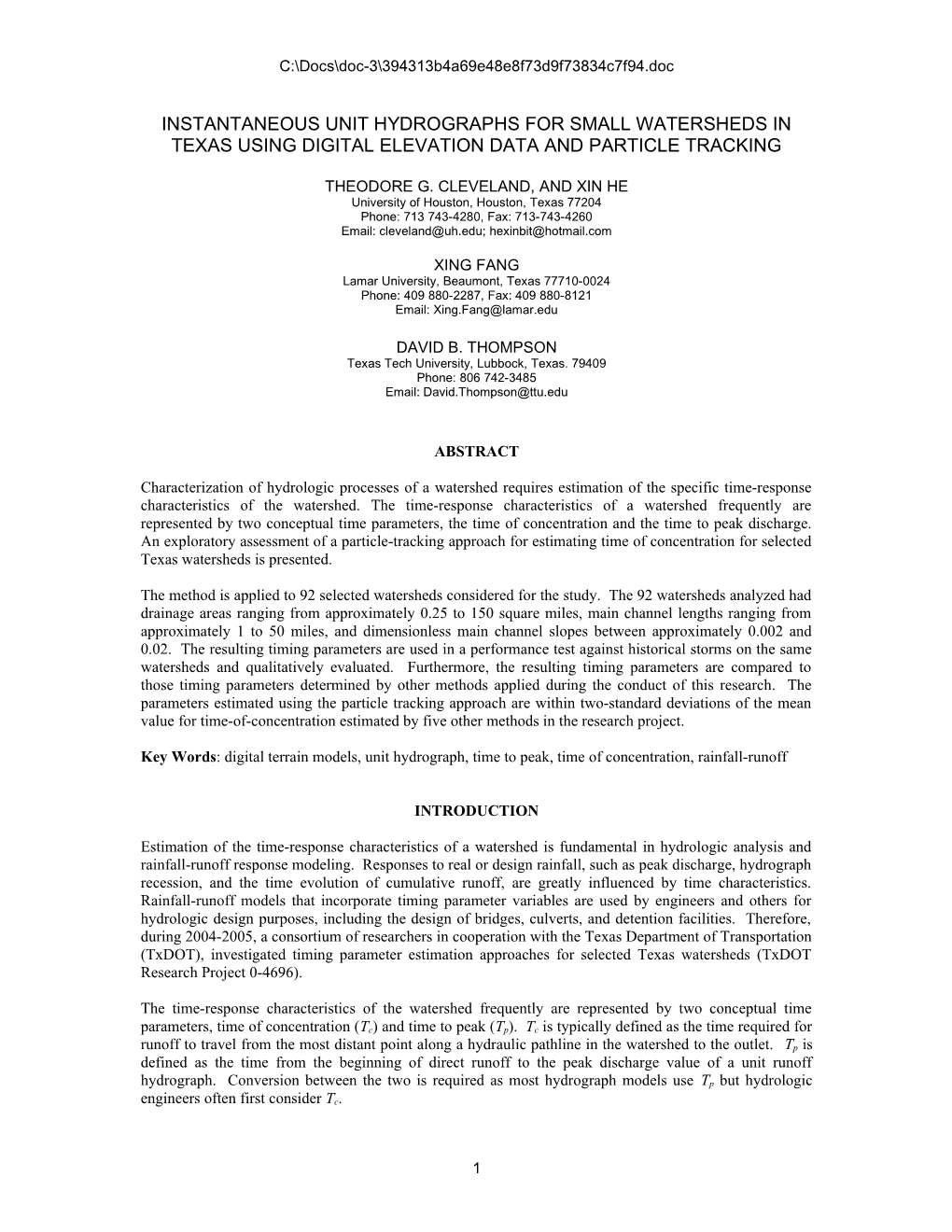 Application of Instantaneous Unit Hydrographs for Rainfall-Runoff Modeling of Small Central