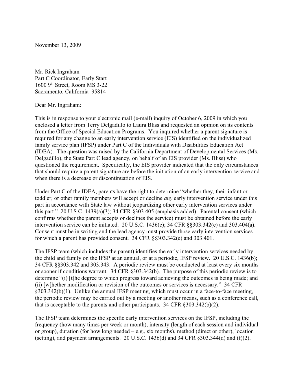 Ingraham Letter Dated 11/13/09 Re: Parental Consent (Ms Word)
