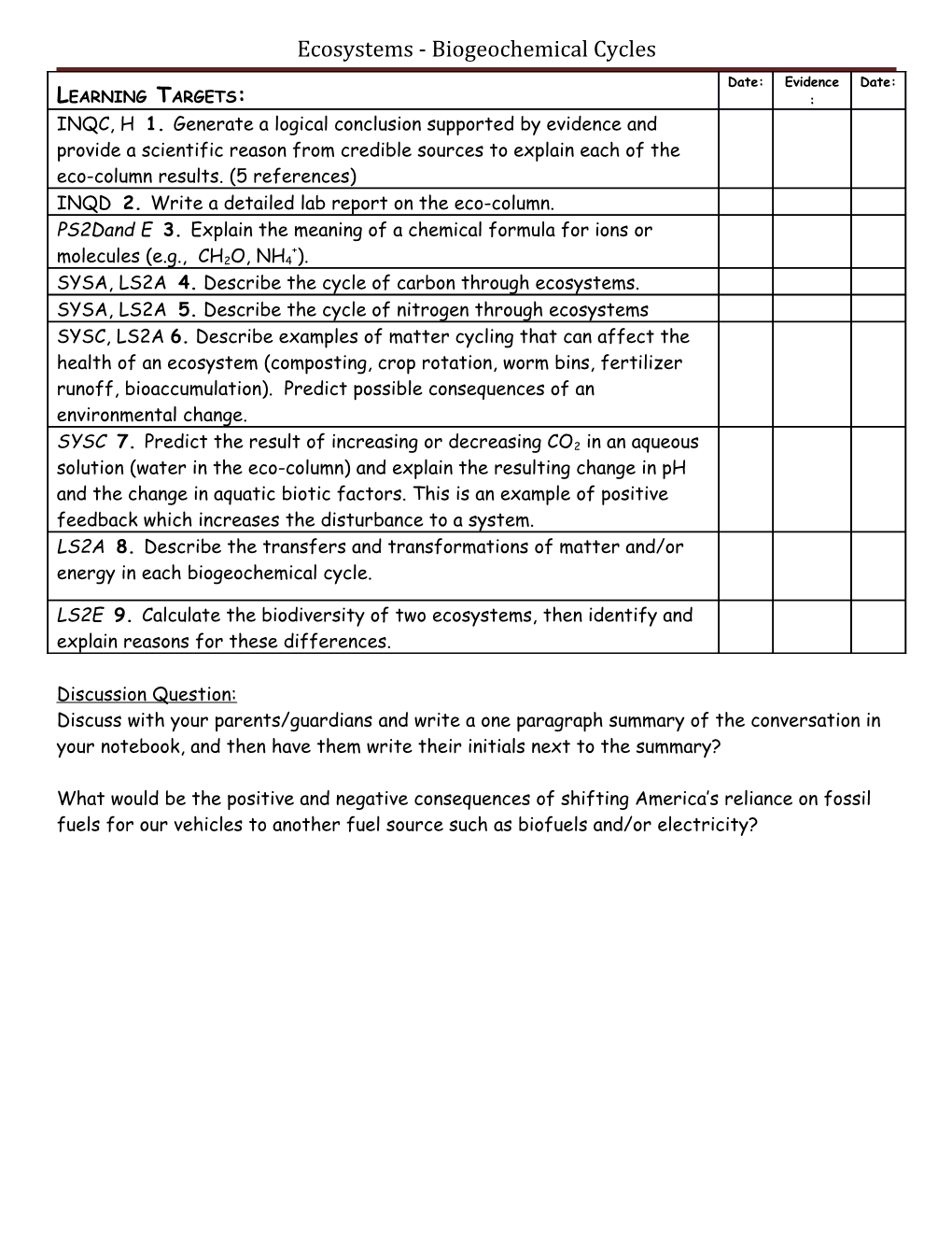 Ecosystems - Biogeochemical Cycles