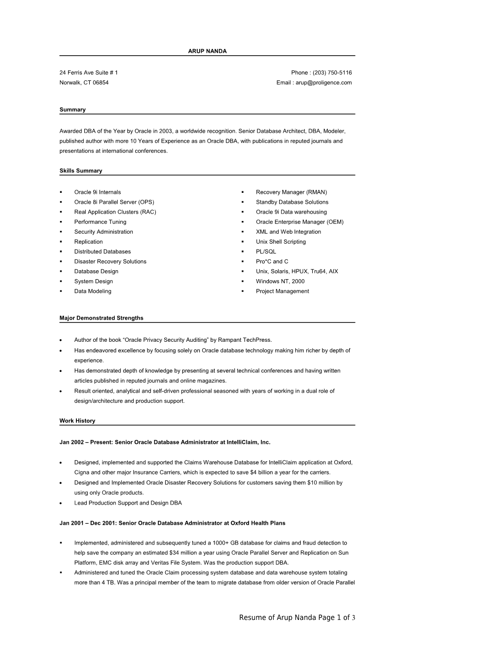 Arup Nanda - Short Resume