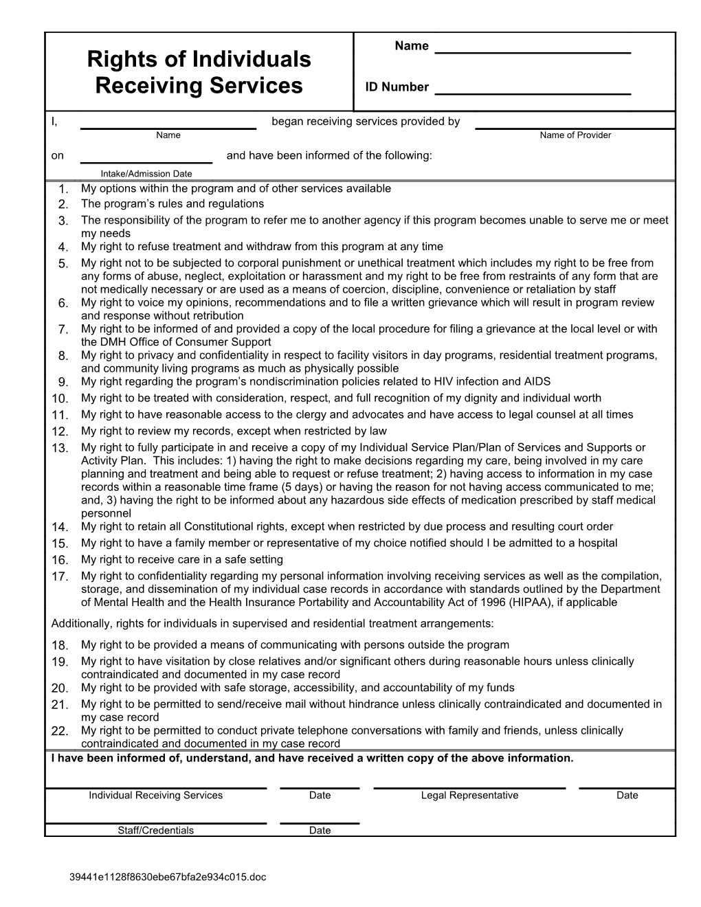 Rights of Individuals Receiving Services