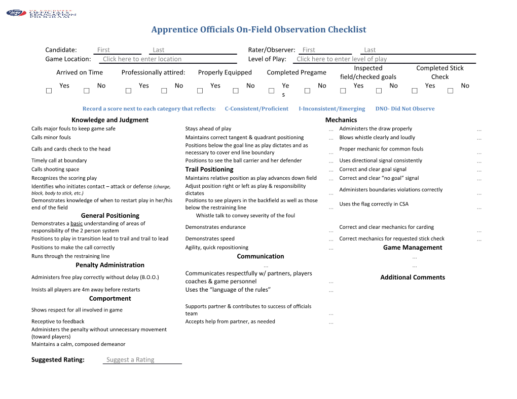 Apprentice Officials On-Field Observation Checklist