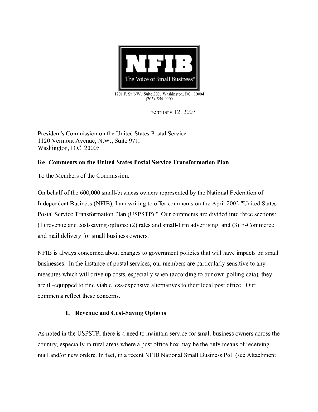 NFIB Comments on Postal Service Transformation Plan
