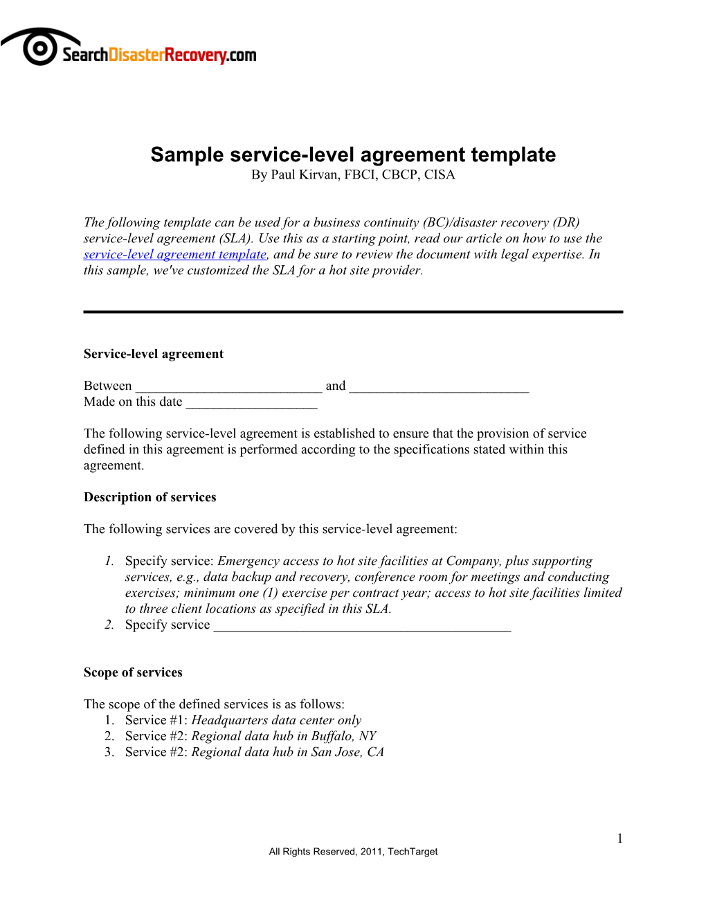 Searchdisasterrecovery.Com Service Level Agreement Template