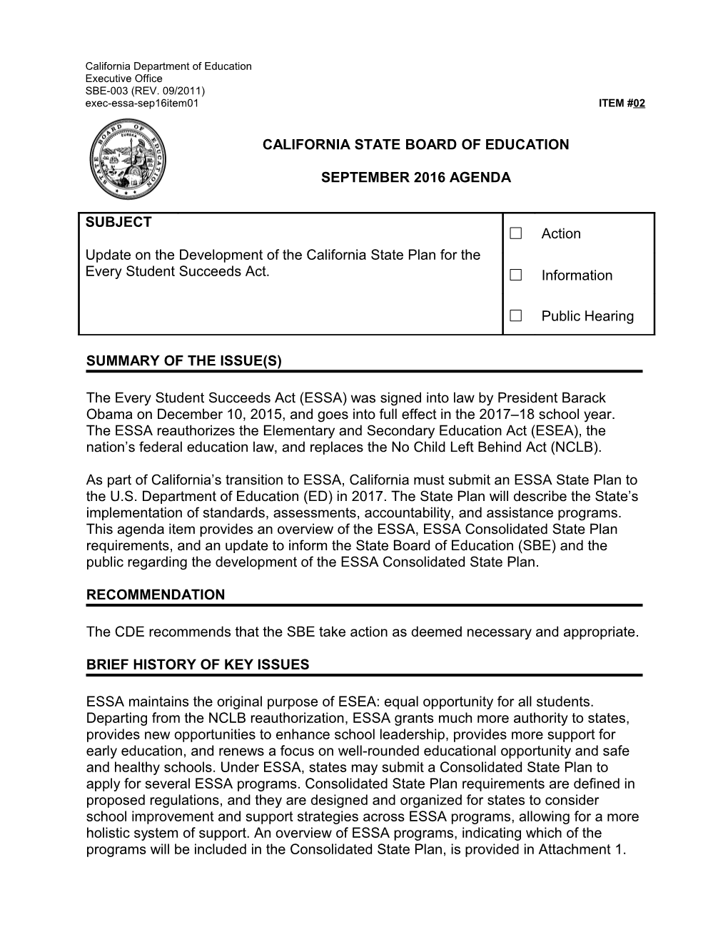 September 2016 Agenda Item 02 - Meeting Agendas (CA State Board of Education)