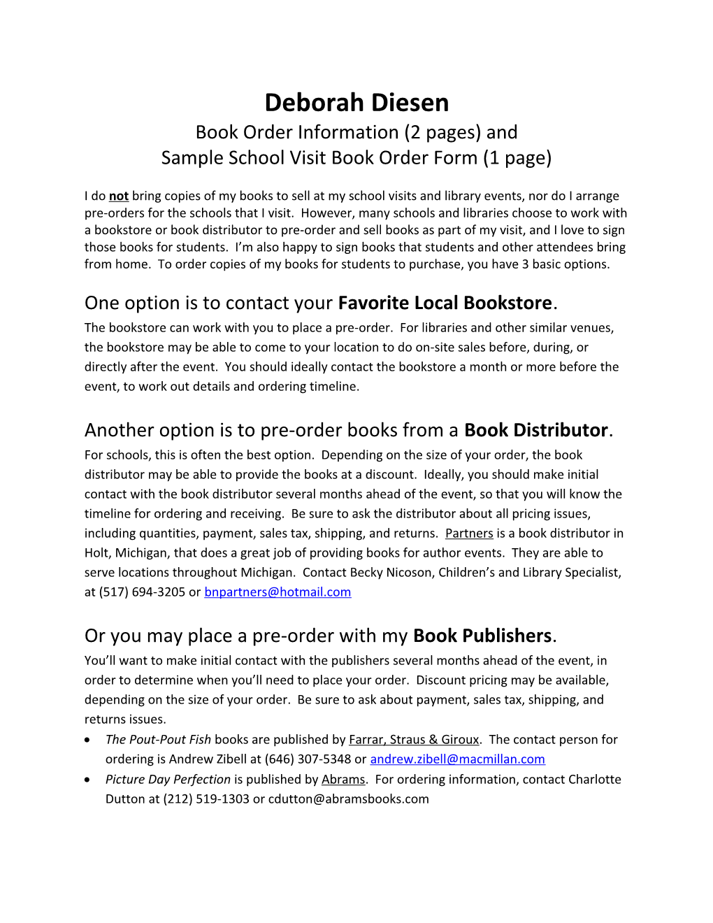 Sample School Visit Book Order Form (1 Page)