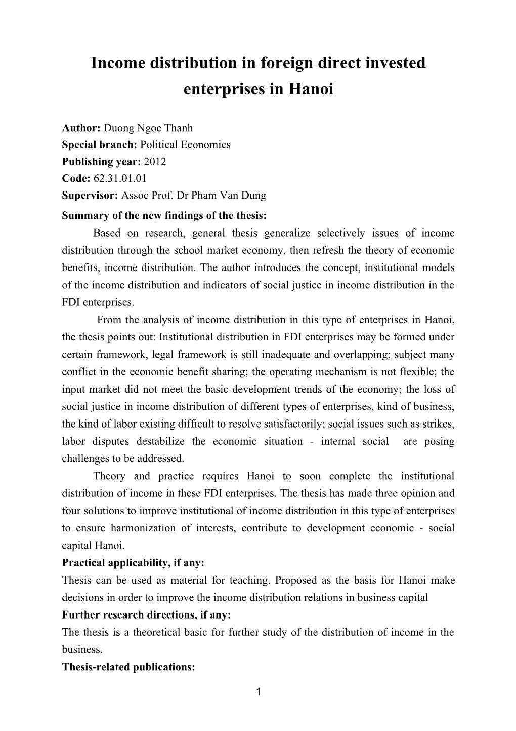 Income Distribution in Foreign Direct Invested Enterprises in Hanoi