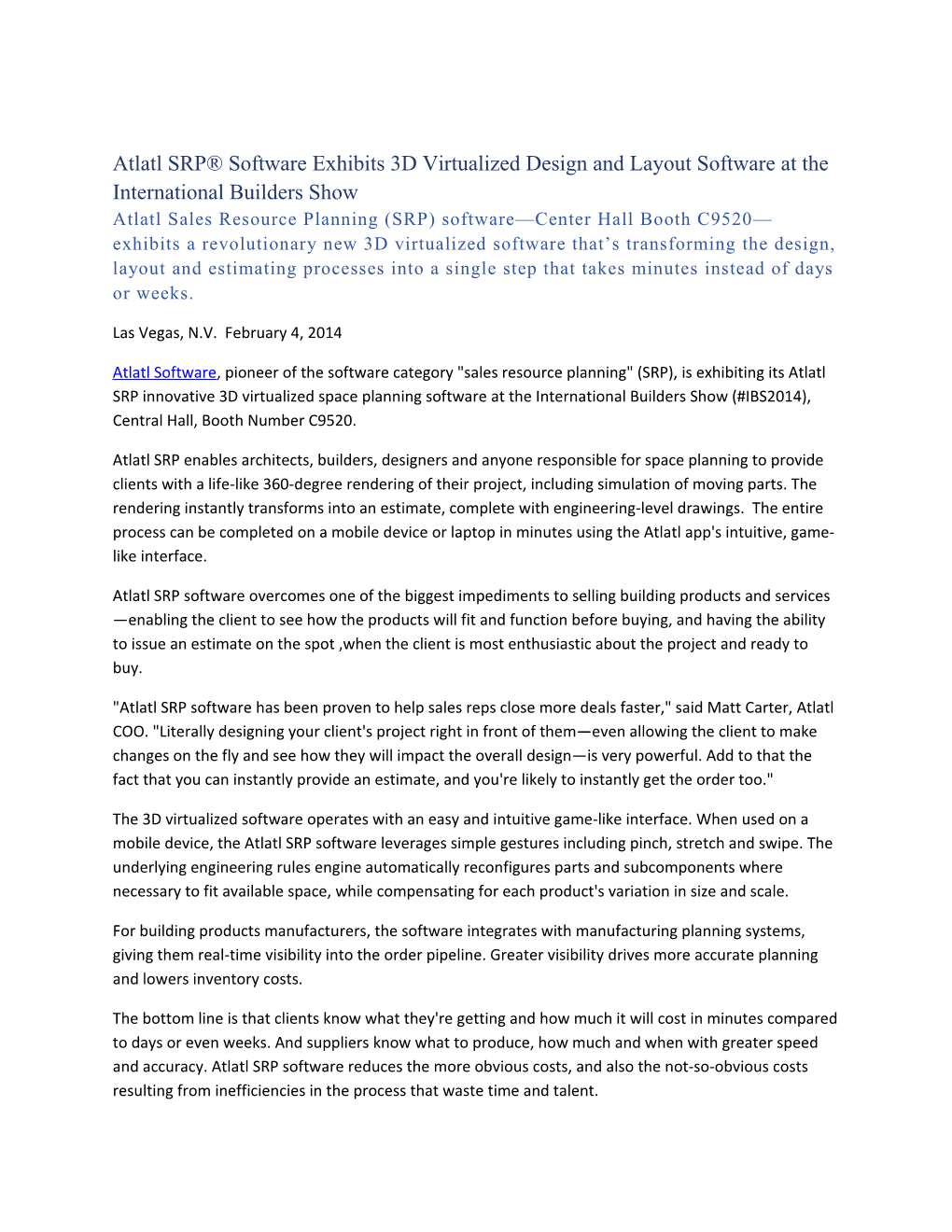 Atlatl SRP Software Exhibits 3D Virtualized Design and Layout Software at the International