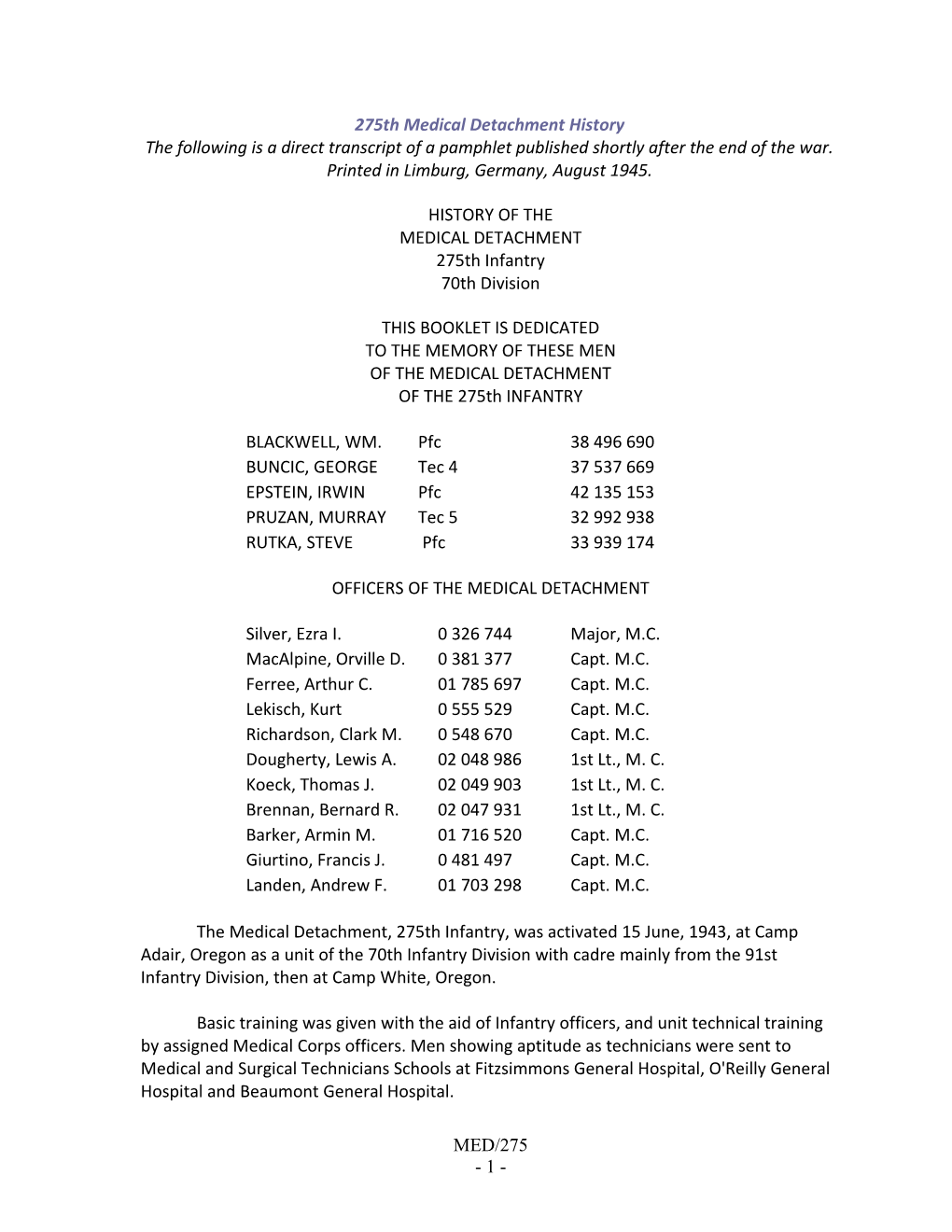 275Th Medical Detachment History