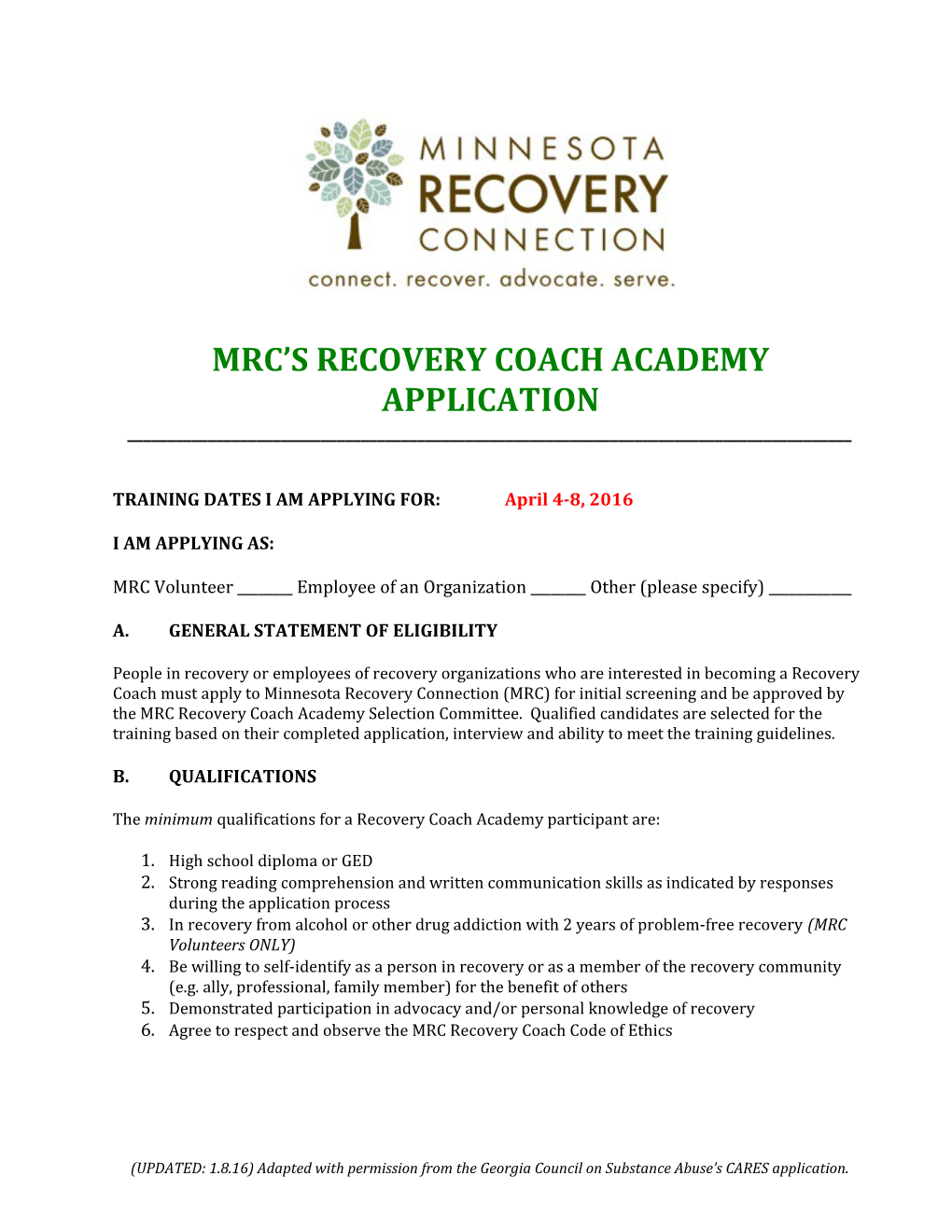 Mrc S Recovery Coach Academy Application