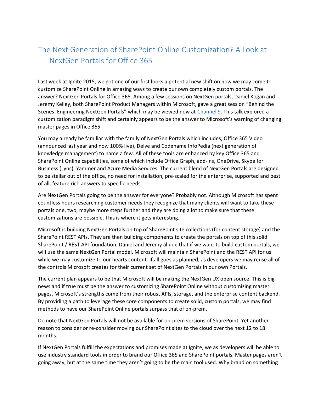 The Next Generation of Sharepoint Online Customization? a Look at Nextgen Portals for Office 365