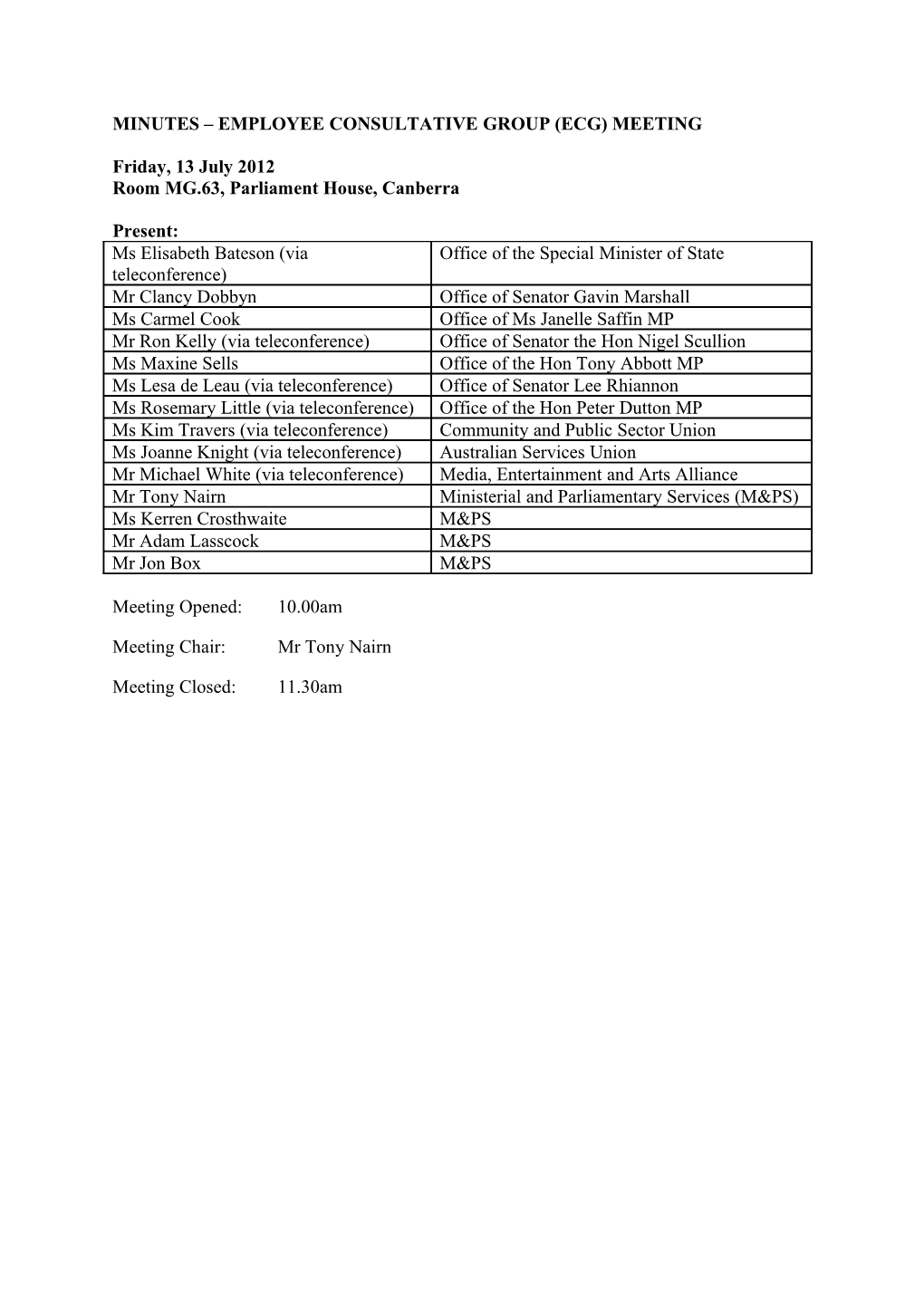 Employee Consultative Group Meeting Minutes 13 July 2012