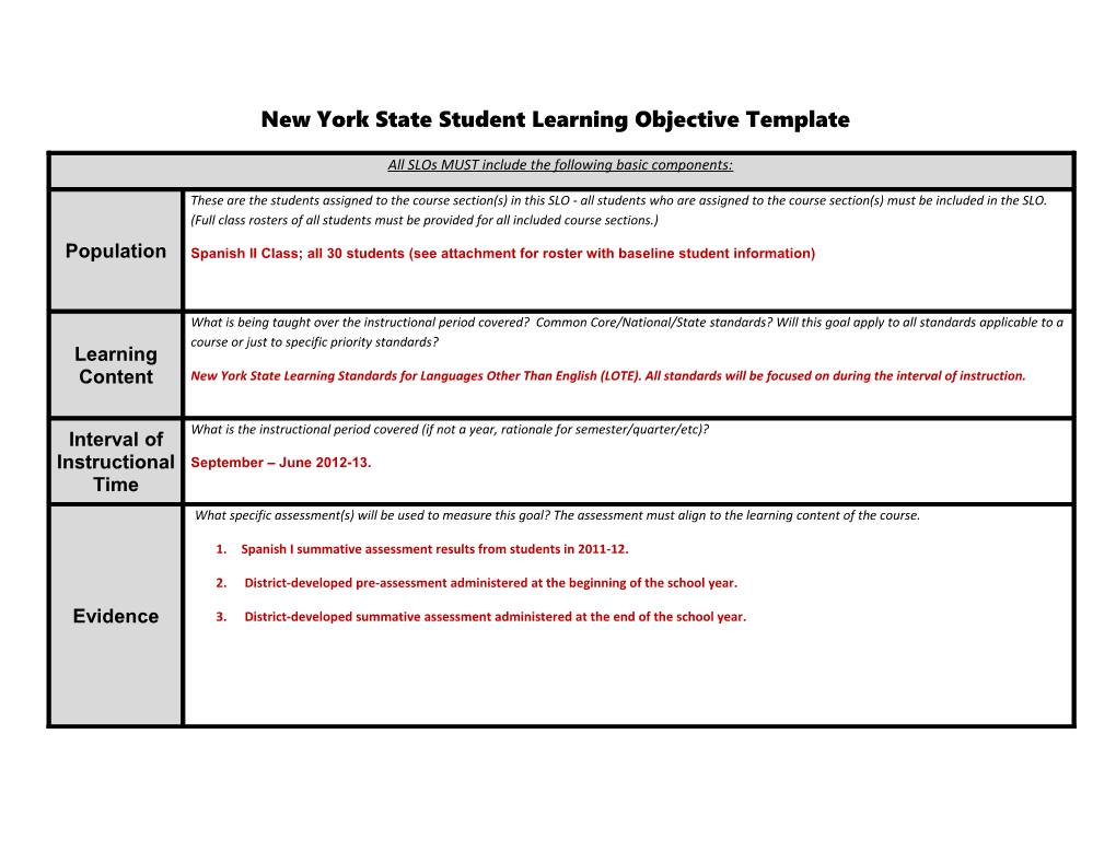 New York State Student Learning Objective Template - Spanish Exemplar