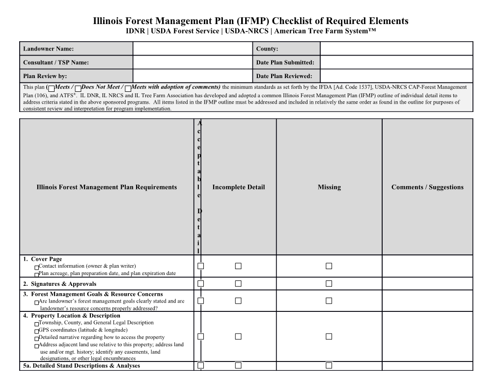 Illinois Forest Management Plan (IFMP) Checklist of Required Elements