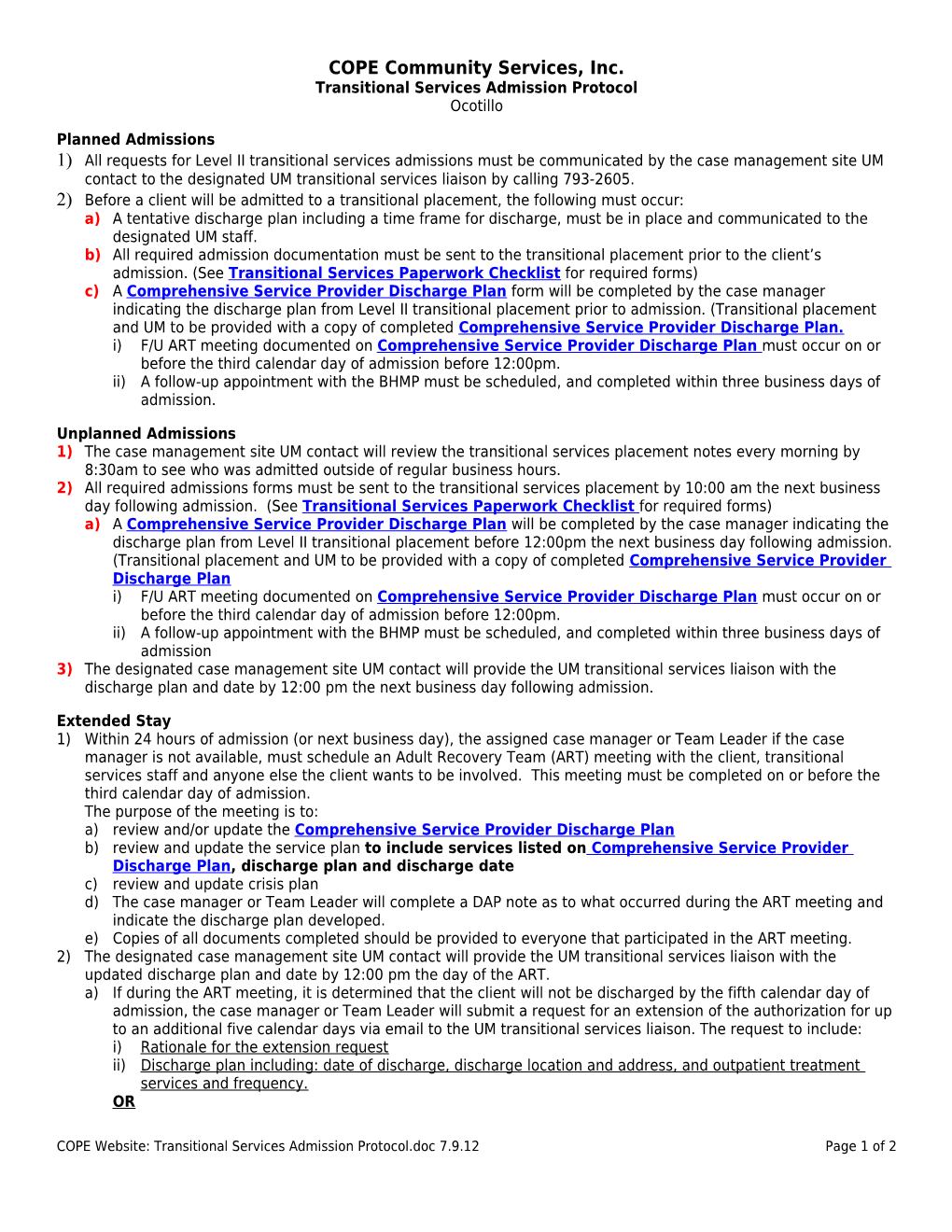 Ocotillo Admission Protocol