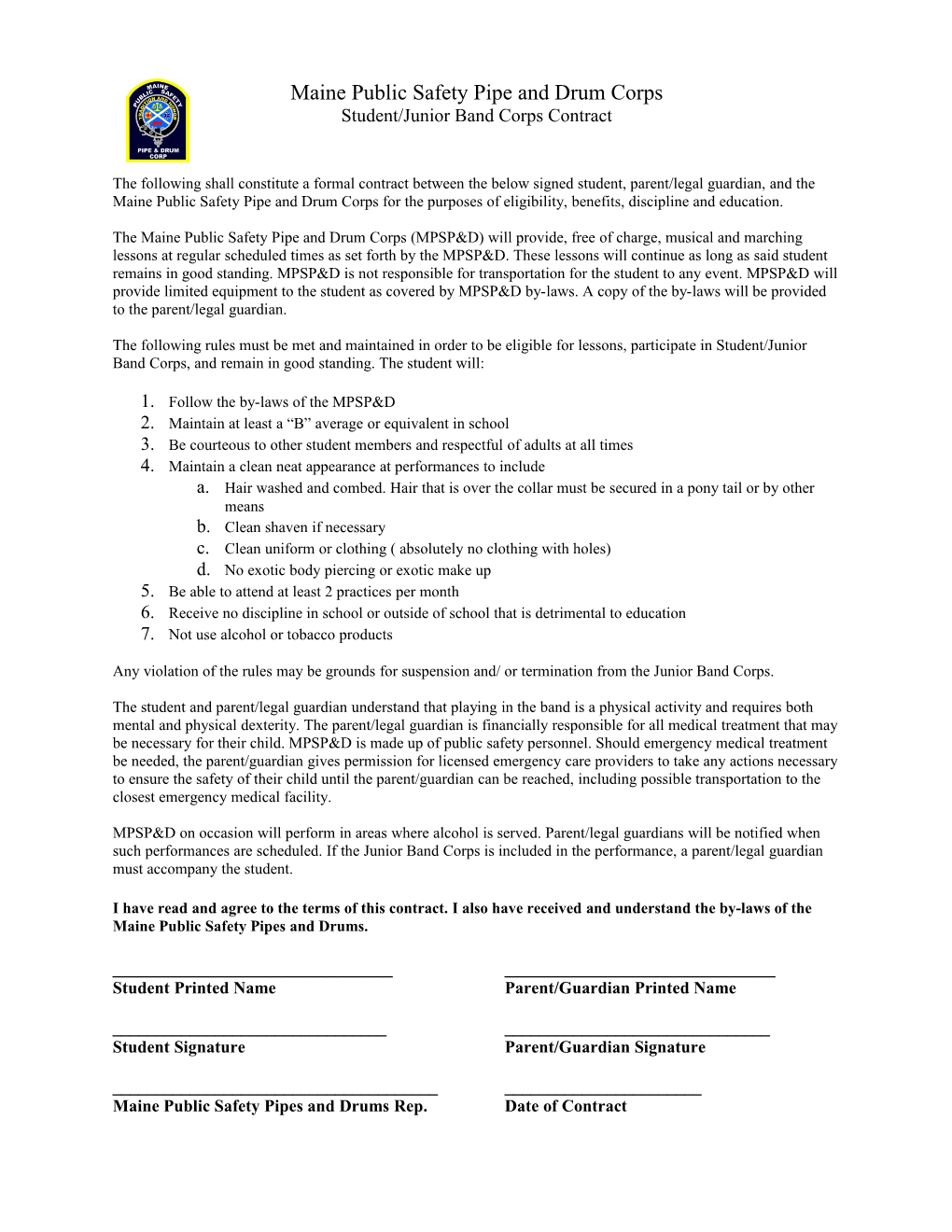 Student/Junior Band Corps Contract