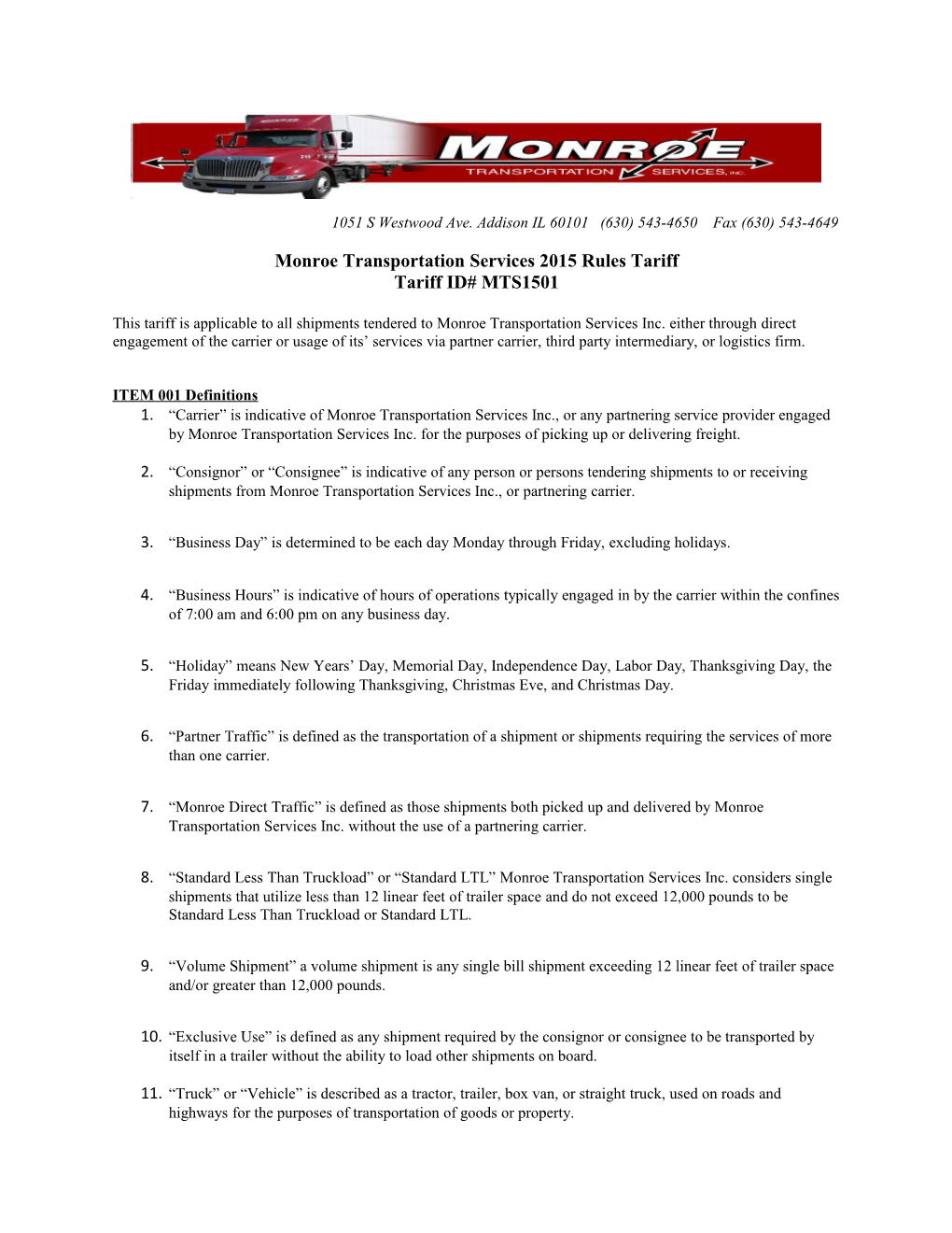 Monroe Transportation Services 2015 Rules Tariff