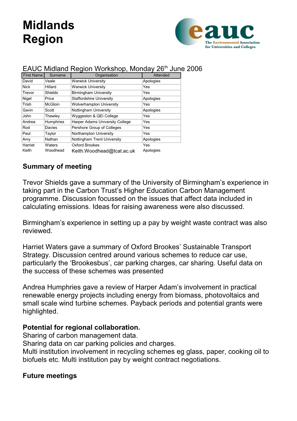 EAUC 10Th Annual Conference Regional Workshop Record