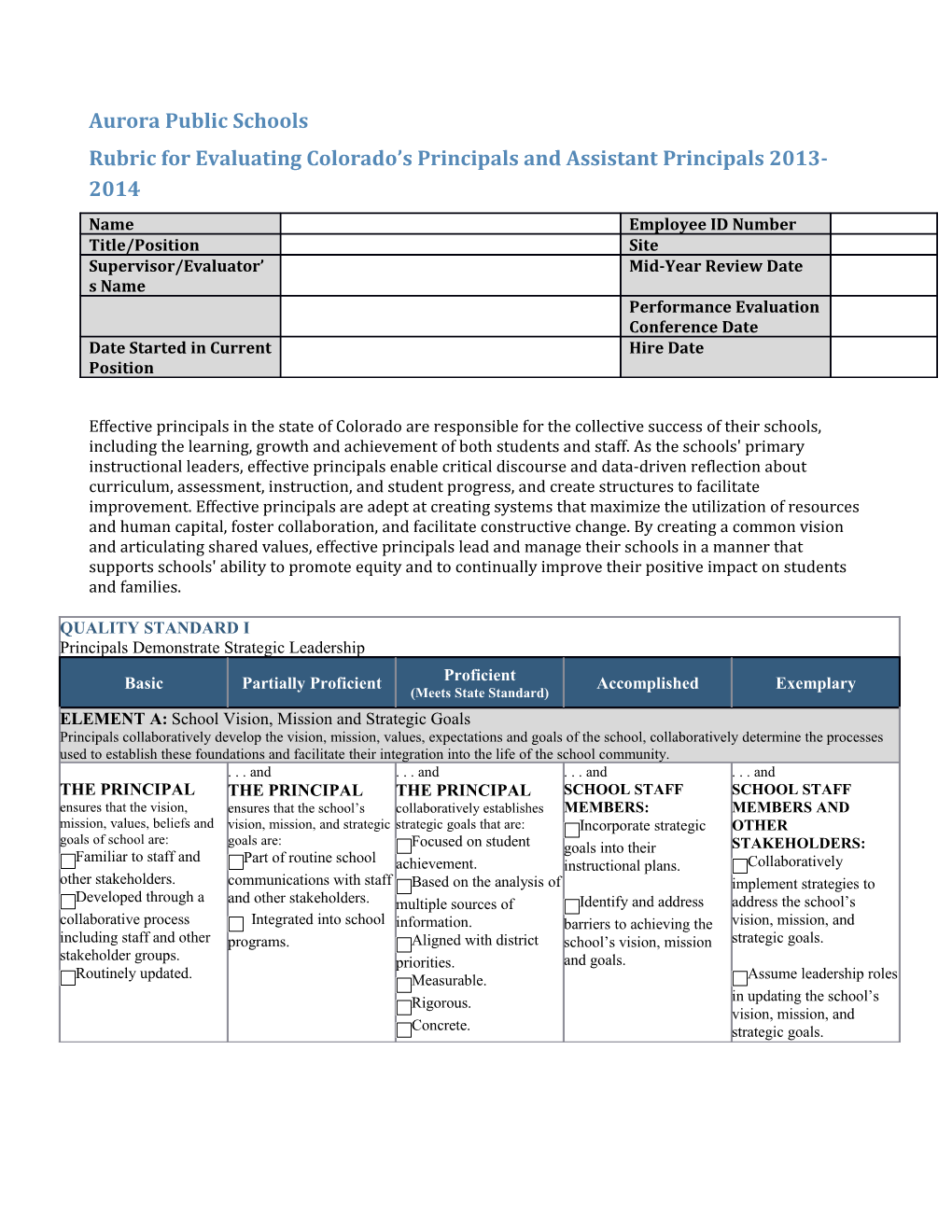 Rubric for Evaluating Colorado S Principals and Assistant Principals 2013-2014