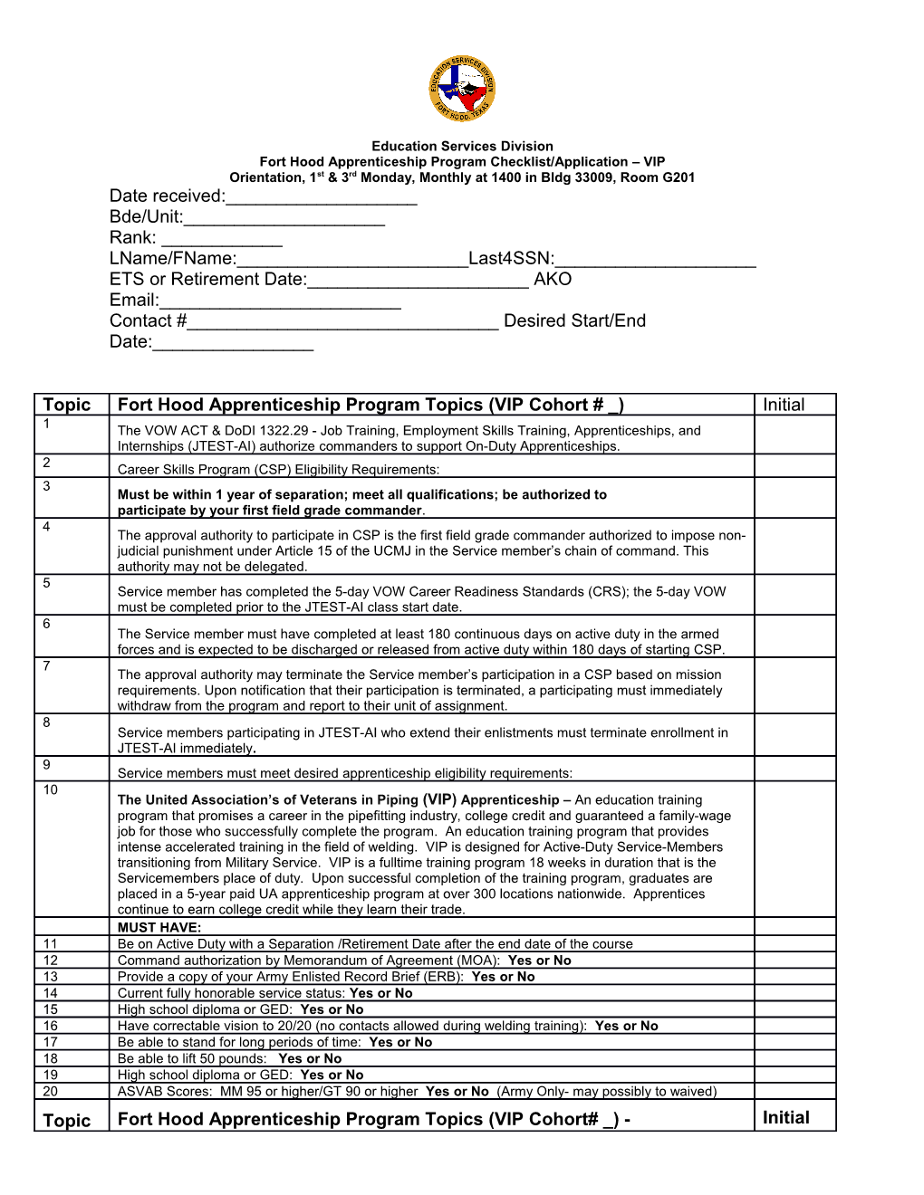 Fort Hood Apprenticeship Program Checklist/Application VIP