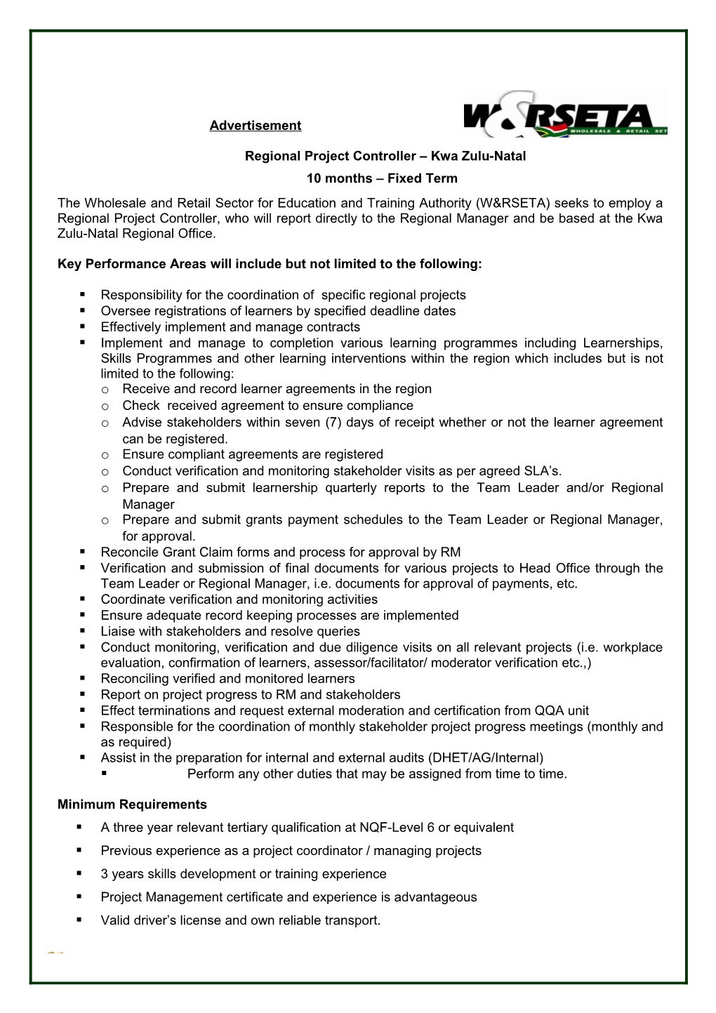 Regional Project Controller Kwa Zulu-Natal