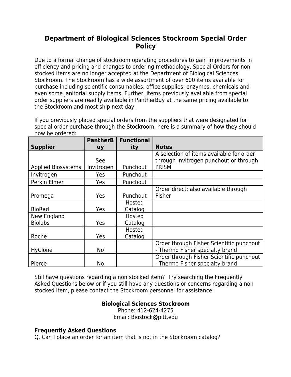 Department of Biological Sciences Stockroom Special Orderpolicy