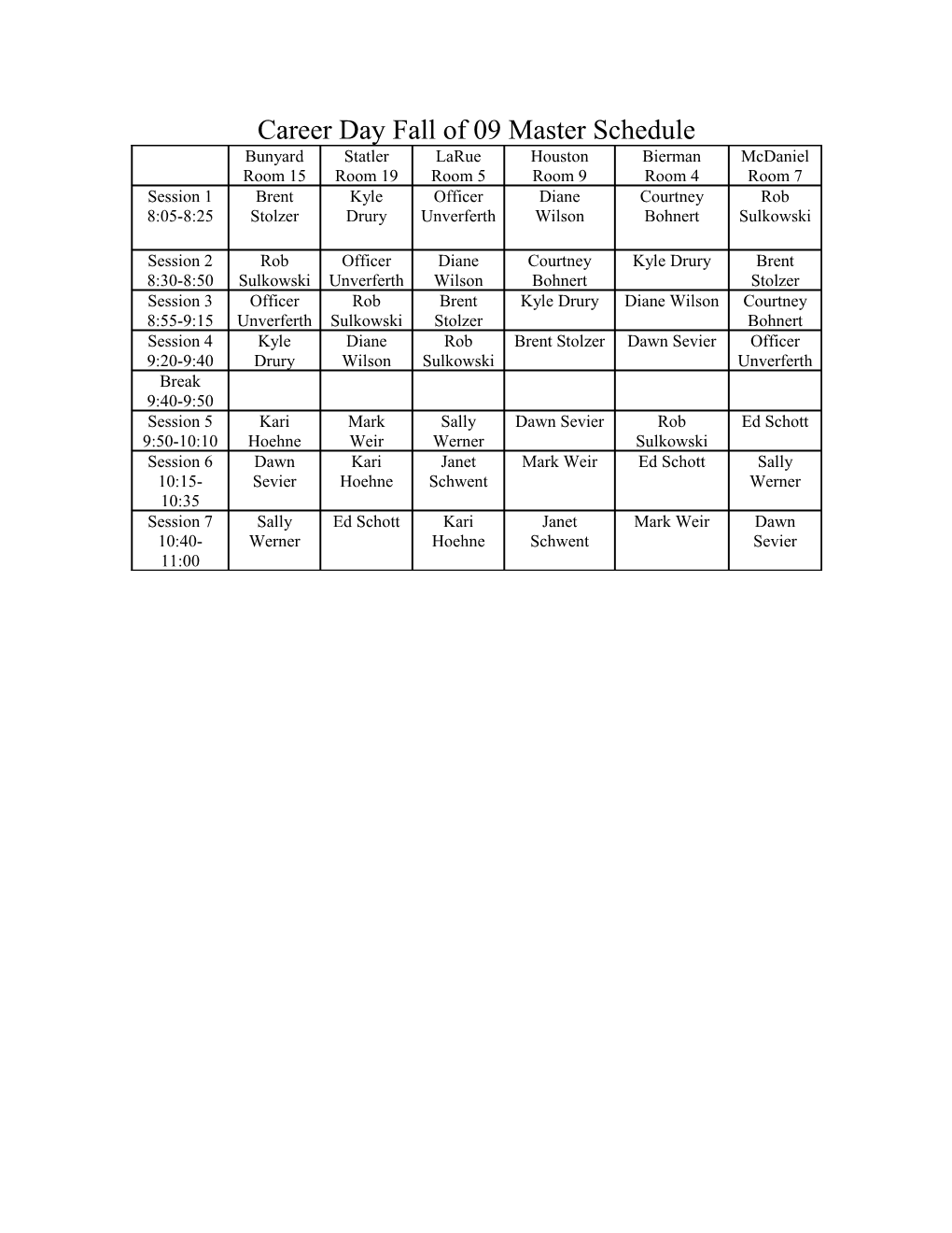 Career Day Fall of 09 Master Schedule