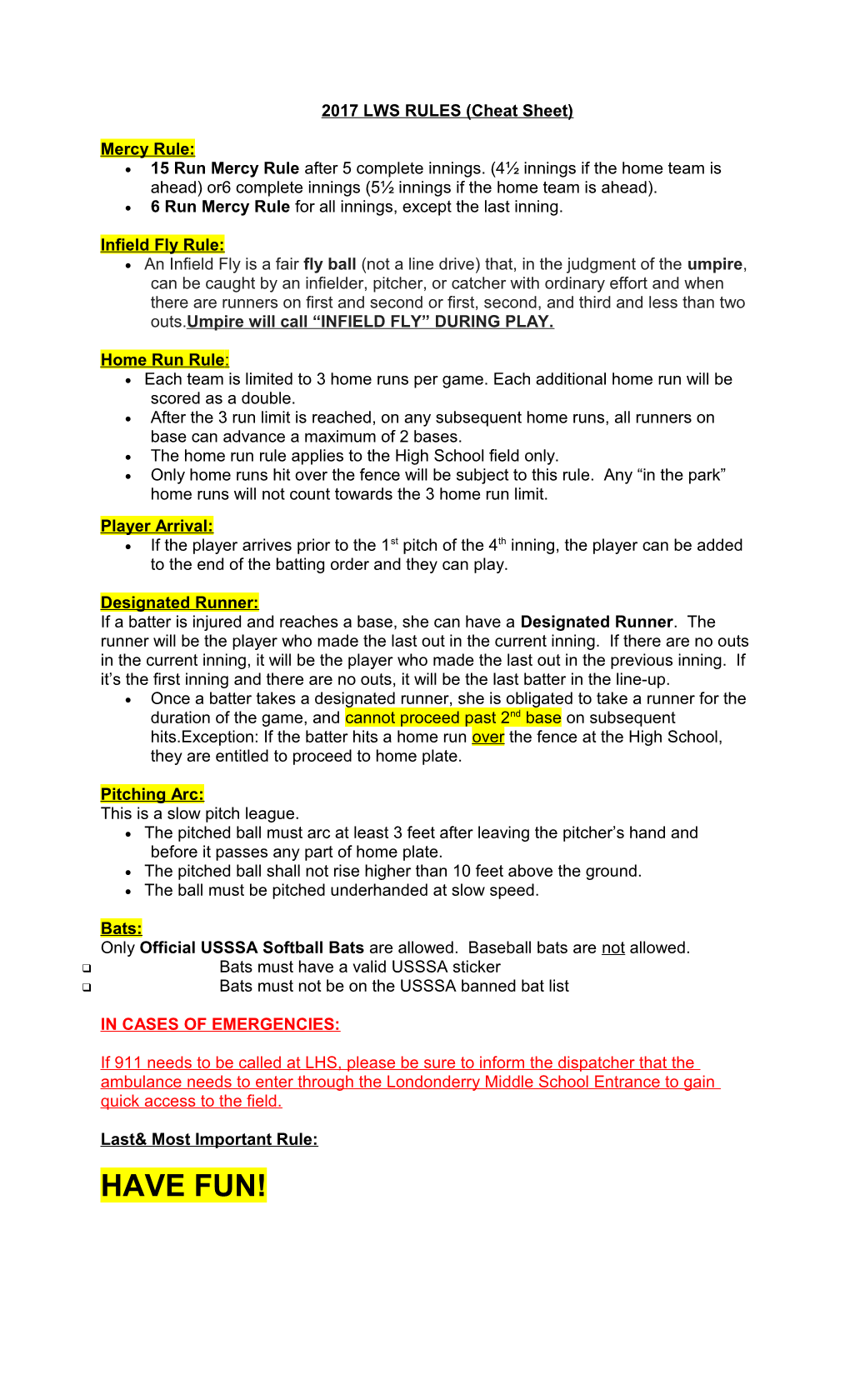 2017 LWS RULES (Cheat Sheet)