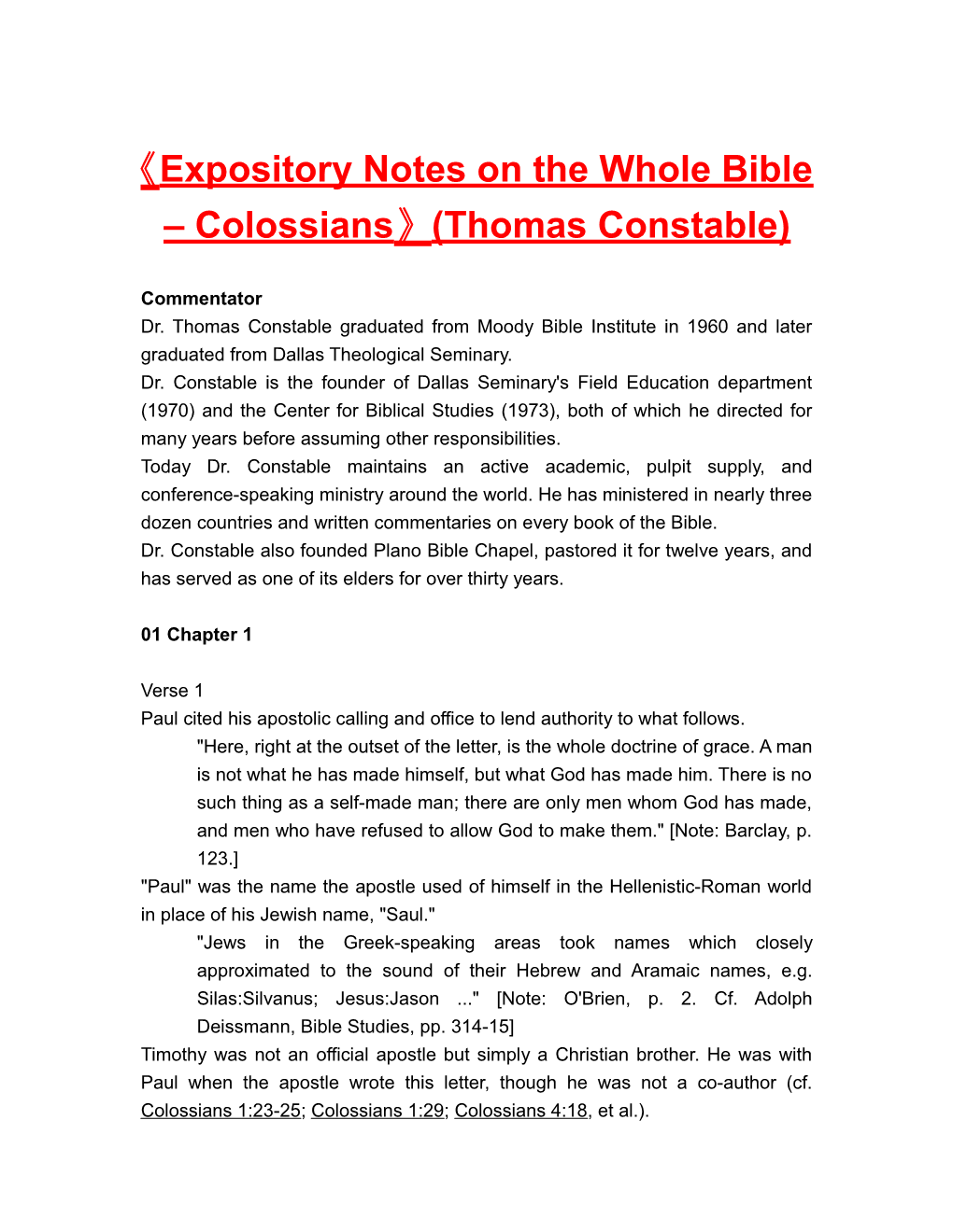 Expositorynotes on the Wholebible Colossians (Thomas Constable)