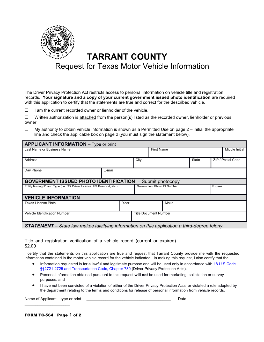 Affidavit for Regular License Plates