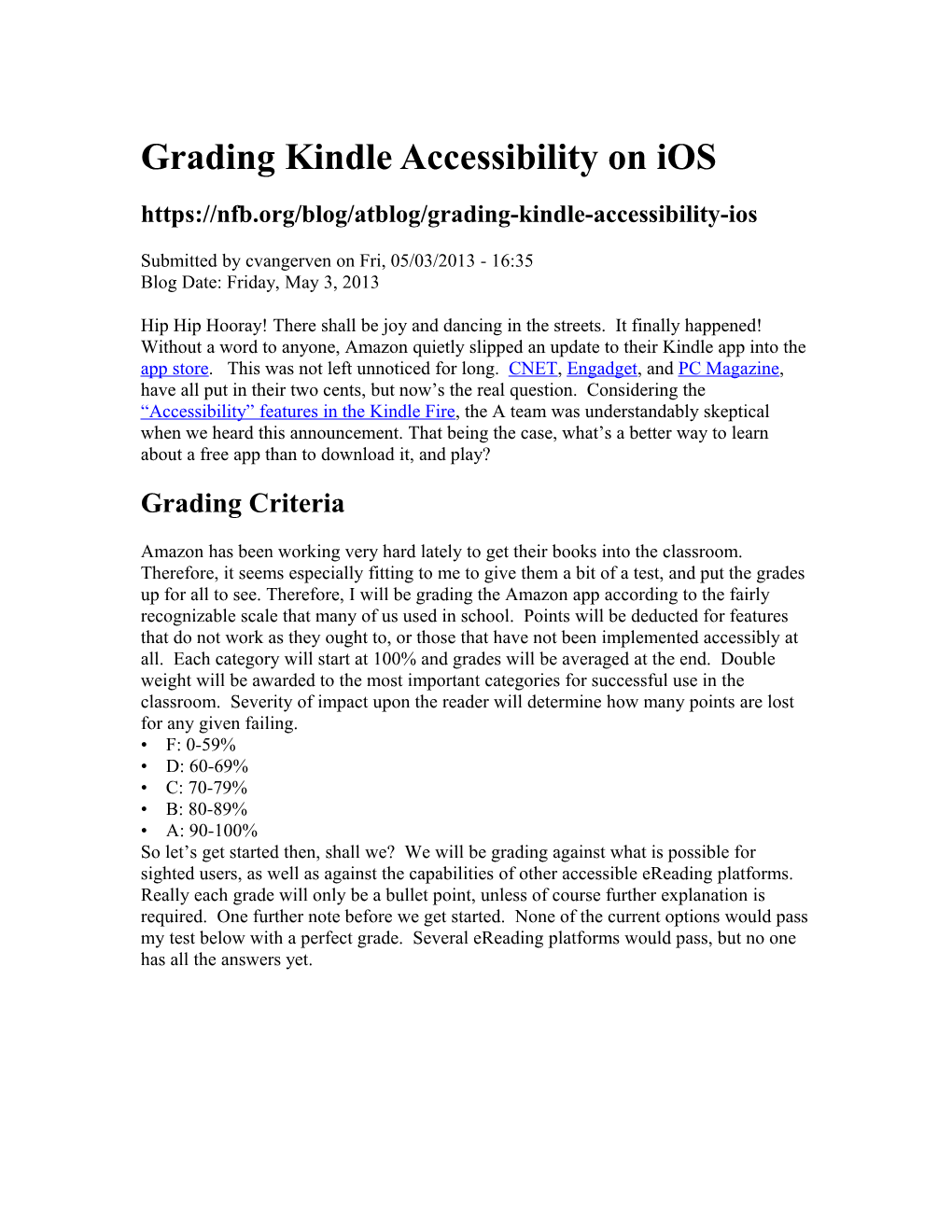 Grading Kindle Accessibility on Ios