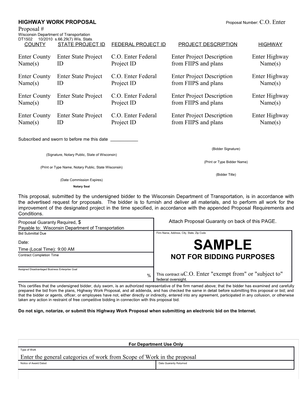 HIGHWAY WORK PROPOSAL Proposal Number: C.O. Enter Proposal