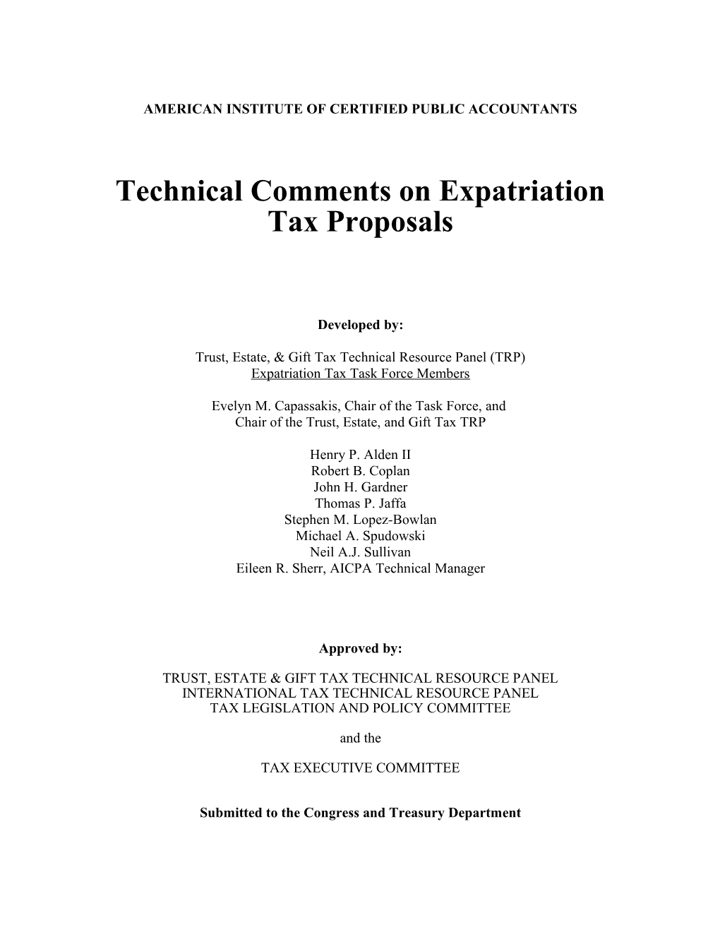 AICPA Technical Comments to Congress on Proposed Expatriation Legislation - March 21, 2002