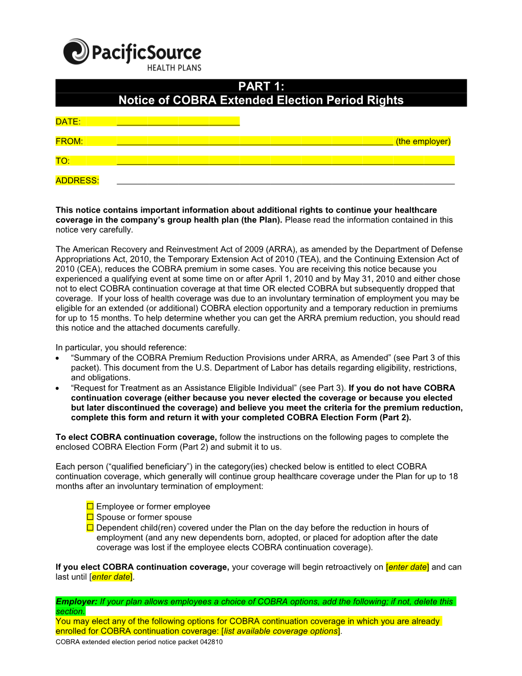 ARRA: COBRA Extended Election Period Notice Packet