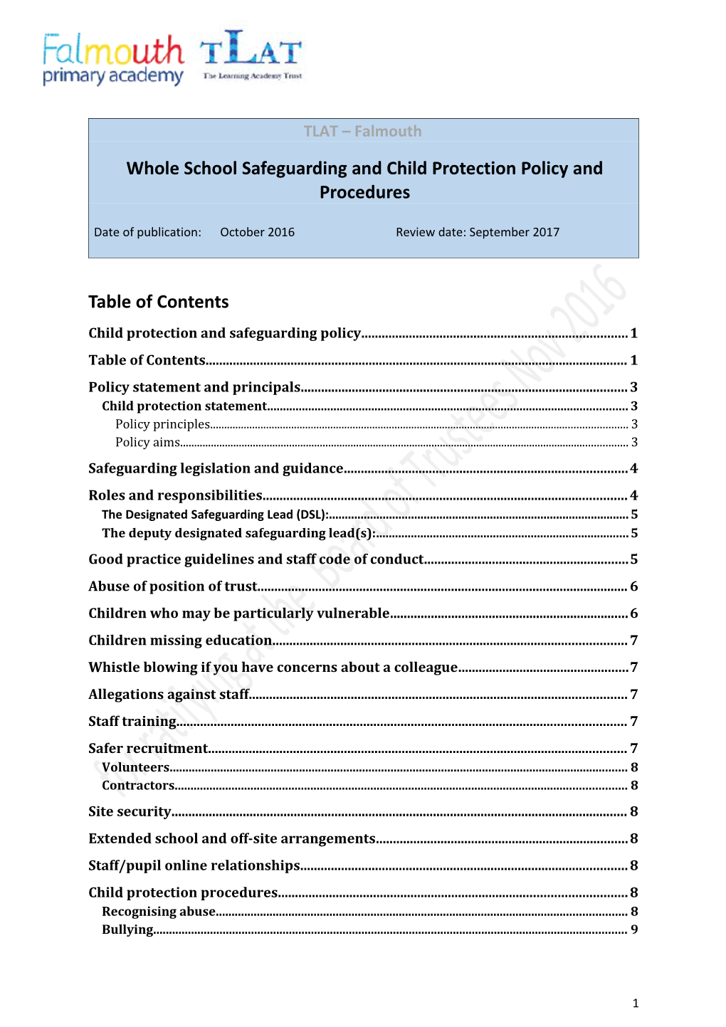 Whole School Safeguarding and Child Protection Policy and Procedures