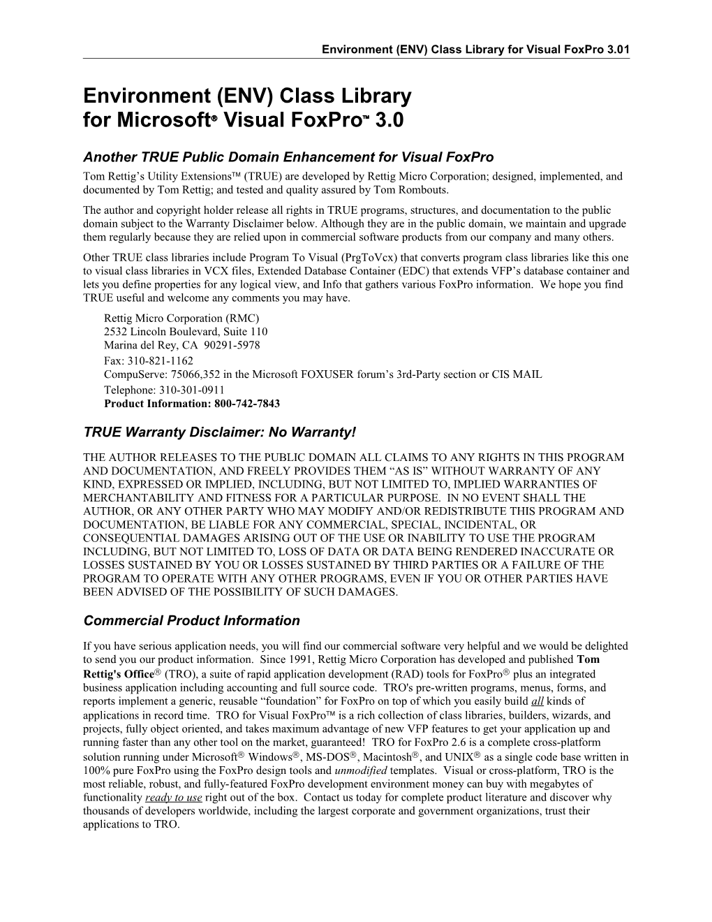 Environment (ENV) Class Library for Visual Foxpro 3.0