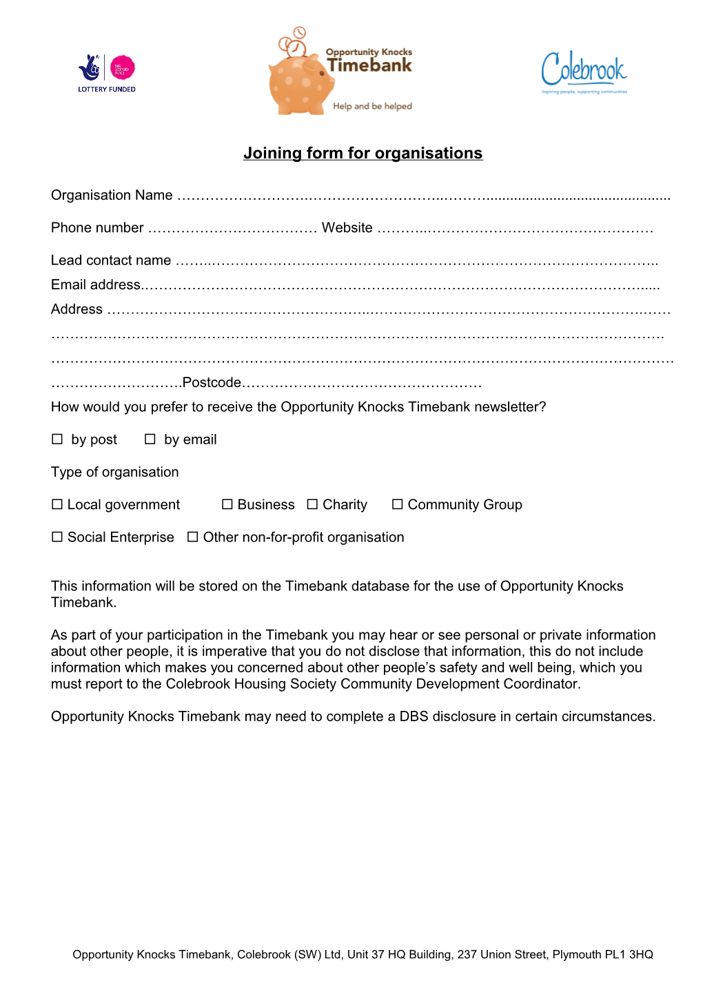 Joining Form for Organisations
