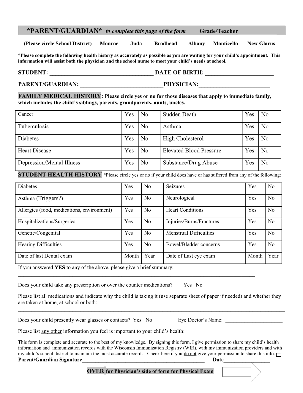 PARENT to Complete This Page of the Form