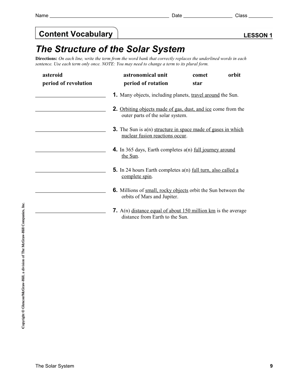 Lesson 1 the Structure of the Solar System