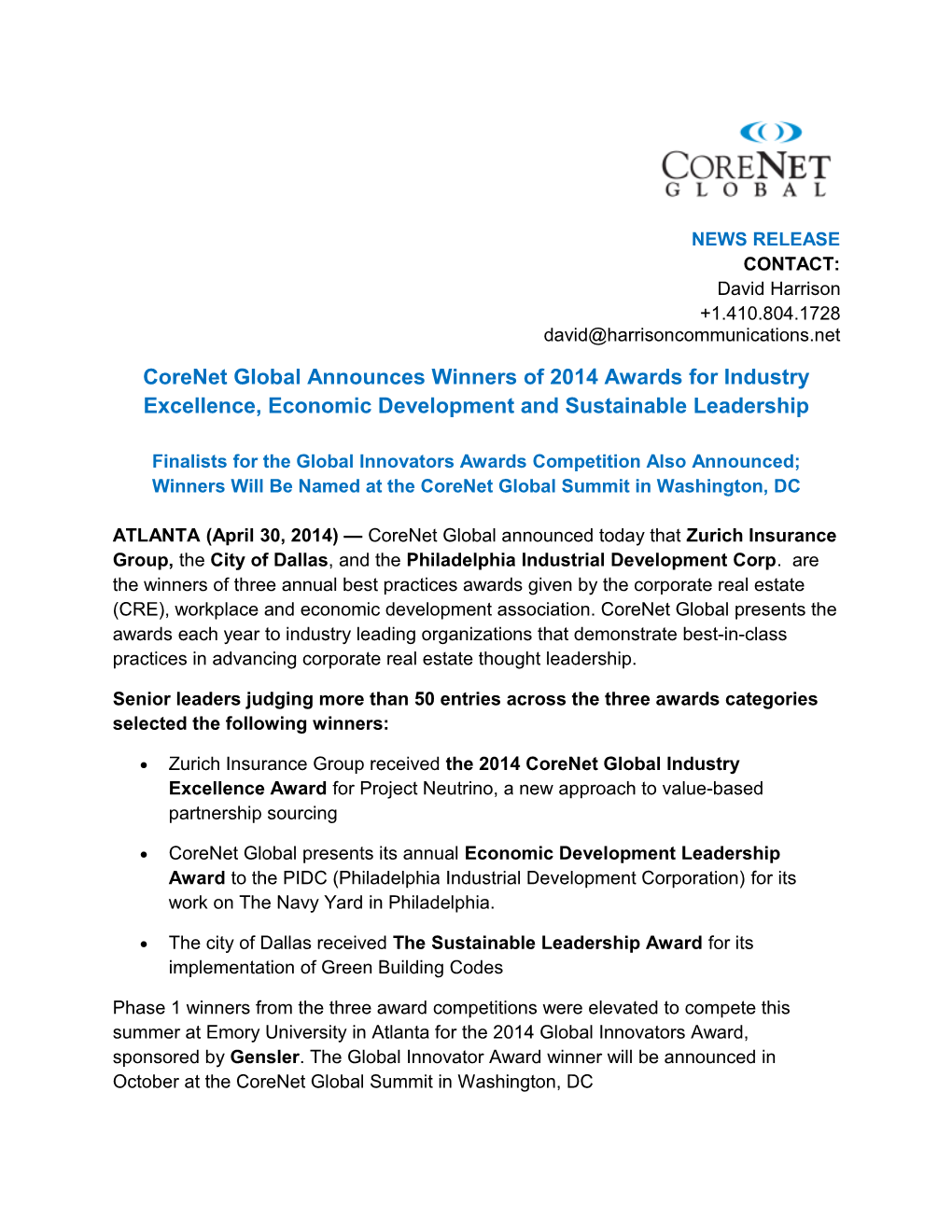 Corenet Global Announces Winners of 2014 Awards for Industry Excellence, Economic Development