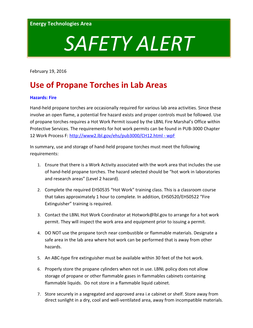 Use of Propane Torches in Lab Areas