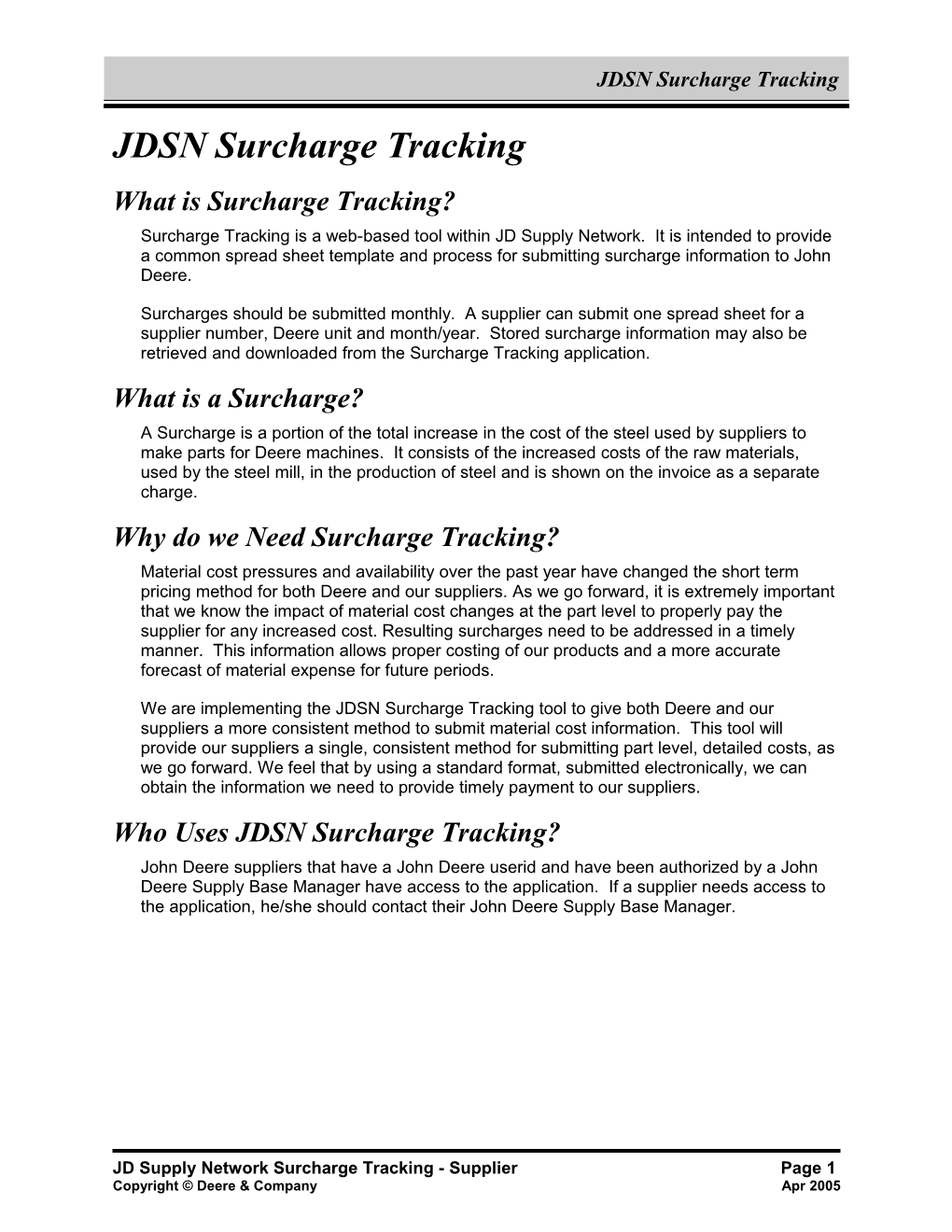 JDSN Surcharge Tracking