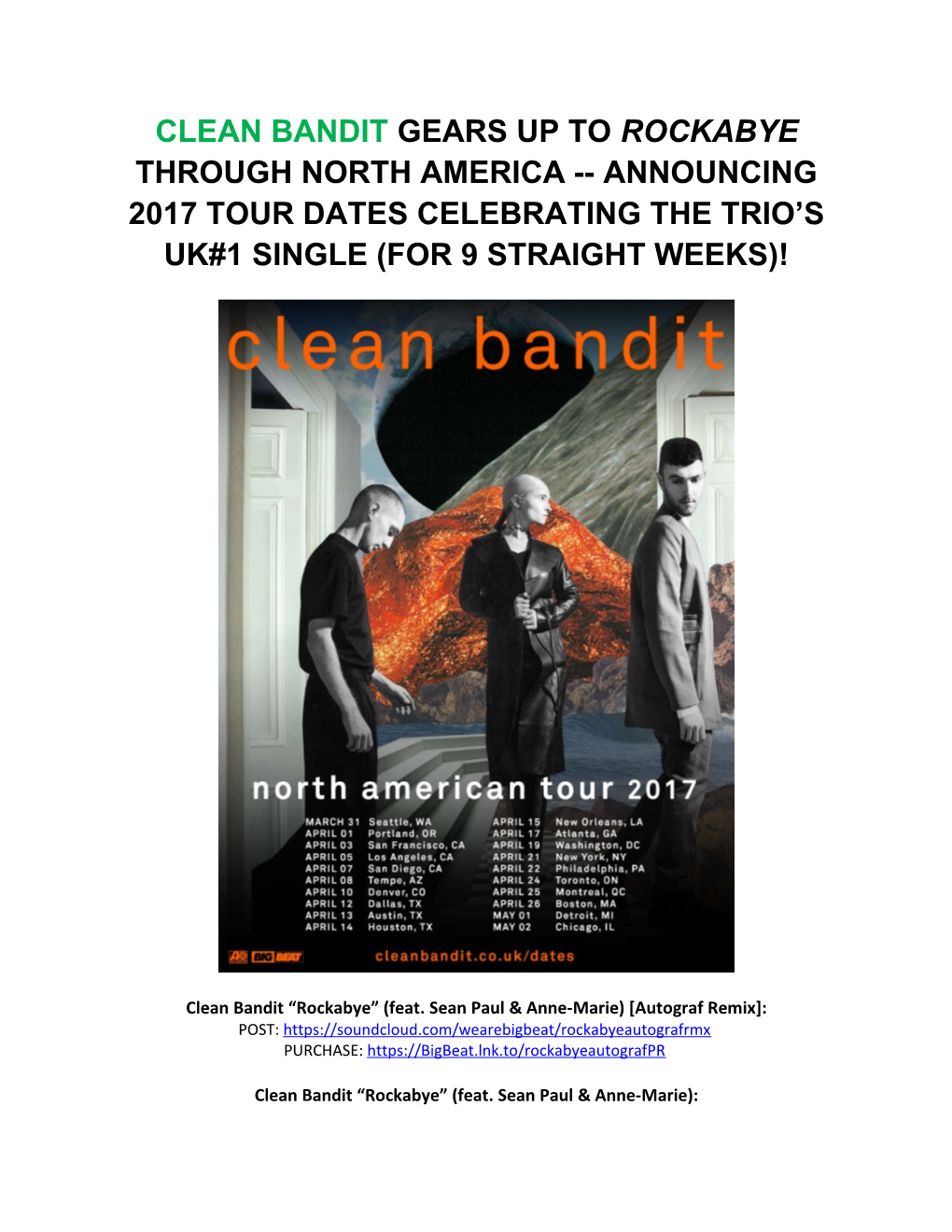 Clean Bandit Rockabye (Feat. Sean Paul & Anne-Marie) Autograf Remix