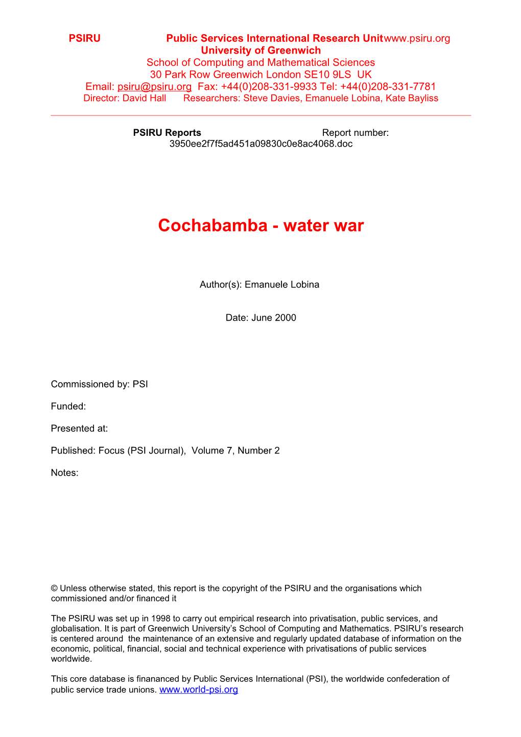 Cochabamba - Water War