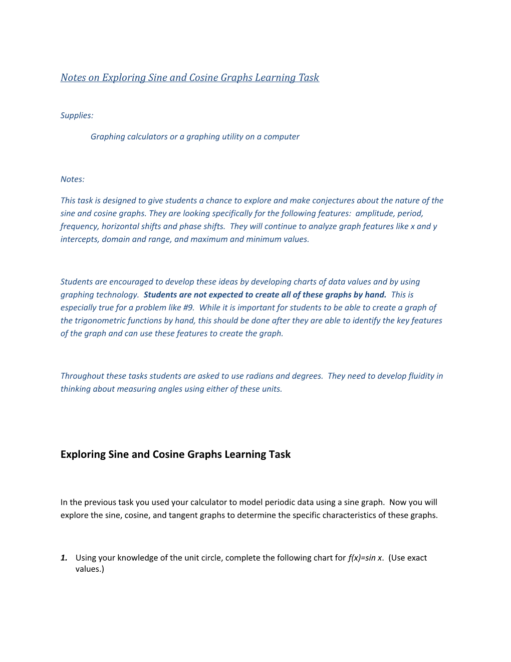 Notes on Exploring Sine and Cosine Graphs Learning Task