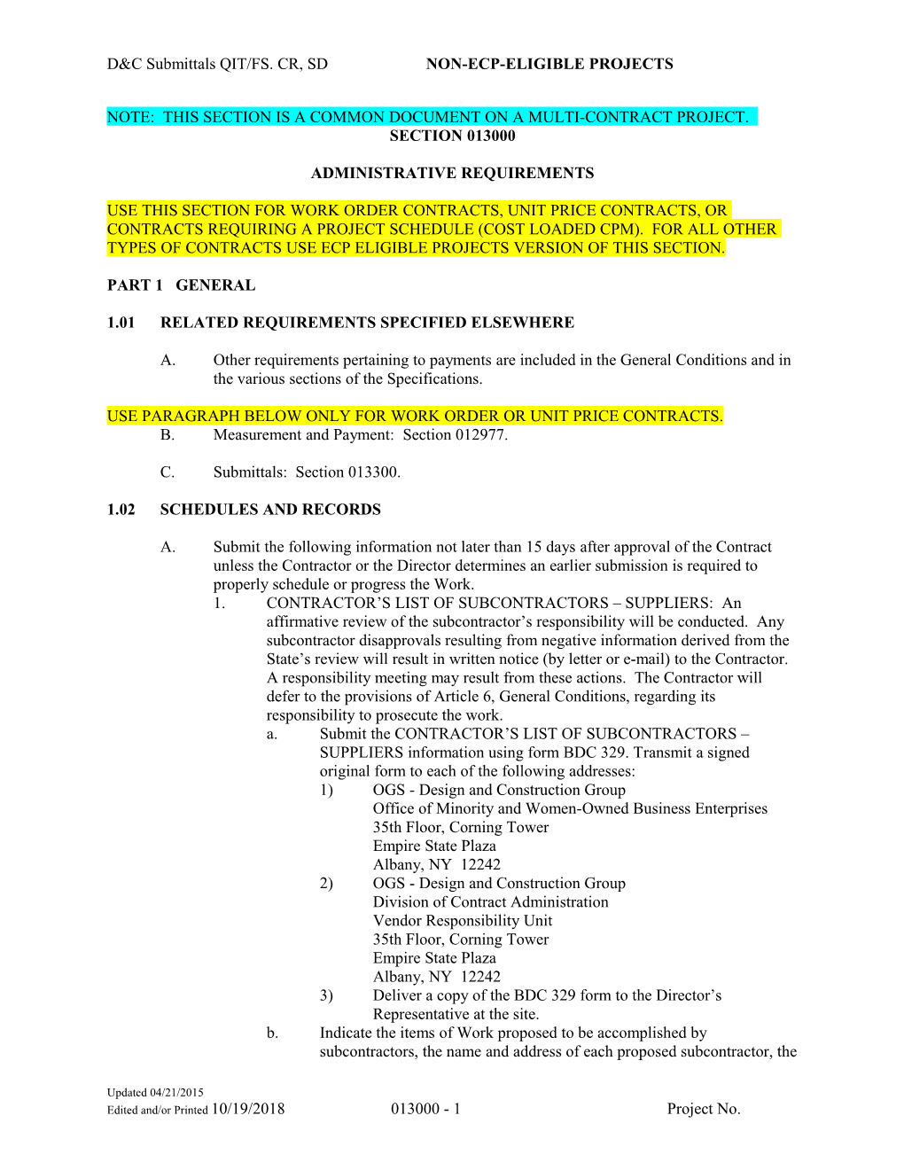 D&C Submittals QIT/FS. CR, SD NON-Ecp-Eligible Projects