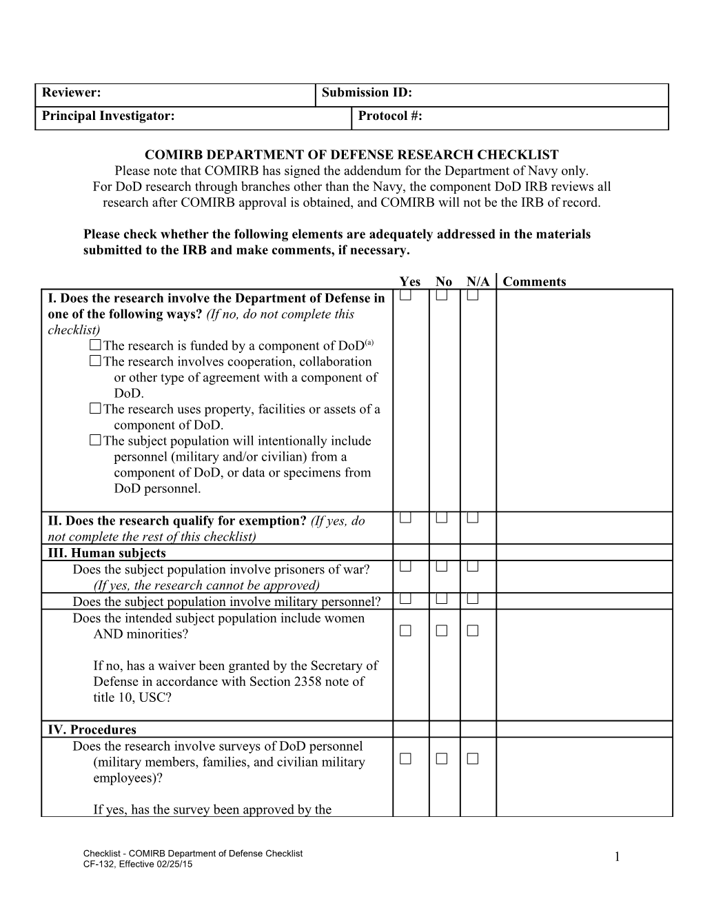 Comirb Department of Defense Researchchecklist