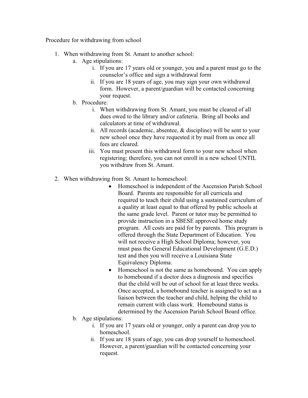 Procedure for Withdrawing from School